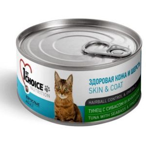 1st CHOICE Healthy Scin&Coat Консервы для кошек тунец с сибасом и ананасом ж/б 85гр