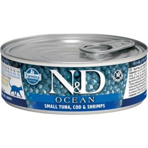 N&D OCEAN Консервы для кошек тунец с треской и креветками, ж/б 80гр