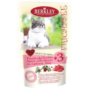 BERKLEY Консервы для кошек Фрикасе с ягодами №3 с домашней птицей и куриными сердечками, пауч 100гр