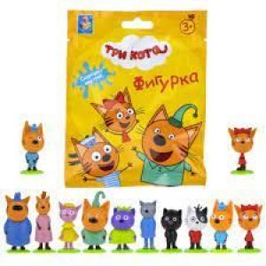 1toy Три кота игрушки пласт. фигурки на подставке 12 видов 4-6,5 см+ картонный пазл на 9 деталей, слепой пакетик, 24 шт/цвет.д-бокс