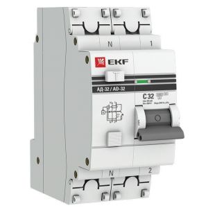 Выключатель автоматический дифференциального тока 2п C 32А 30мА тип AC 4.5кА АД-32 2мод. защита 270В электрон. PROxima EKF DA32-32-30-pro