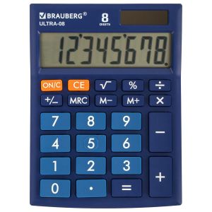 Калькулятор 08 разр, BBRAUBERG ULTRA-08-BU, КОМПАКТНЫЙ (154x115 мм), 8 разрядов, двойное питание, СИНИЙ