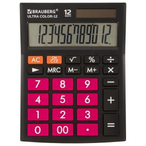 Калькулятор 12 разр, BRAUBERG ULTRA COLOR-12-BKWR (192x143 мм), двойное питание, ЧЕРНО-МАЛИНОВЫЙ