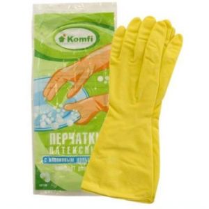 Латексные перчатки хозяйственные с х/б напылением желтые L Komfi 1/10/120/ Арт DGL026P