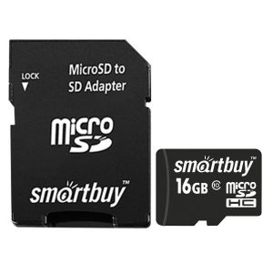 Карта памяти MicroSDHC 16GB SmartBuy, Class10, с адаптером SD