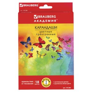 Карандаши цветные BRAUBERG «Бабочки», набор 18 цветов, трехгранные, корпус с полосками, 181286