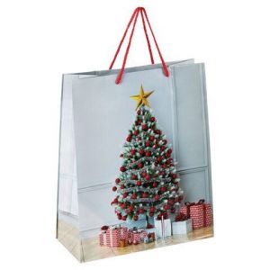 Пакет подарочный новогодний 26x12,7x32,4 см, ЗОЛОТАЯ СКАЗКА «Ель и подарки», ламинированный, 606564