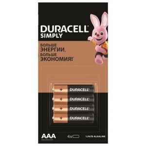 Батарейка AAA DURACELL Simply, КОМПЛЕКТ 4 шт (LR03, 24А), алкалиновые, мизинчиковые
