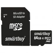 Карта памяти MicroSDXC 64GB SmartBuy, Class10, с адаптером SD
