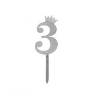Топпер-цифра 3, серебро, с короной