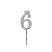 Топпер-цифра 6, серебро, с короной