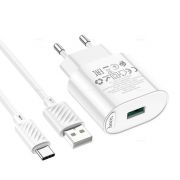Адаптер постоянного тока Hoco C109A, 1гн.USB 5В QC 3,0А + кабель Type-C, белый