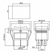 Выключатель клавишный 250В 15А (6с) ON-OFF-ON RWB-509 SC-767 красн. с подсветкой и нейтралью Rexant 36-2390